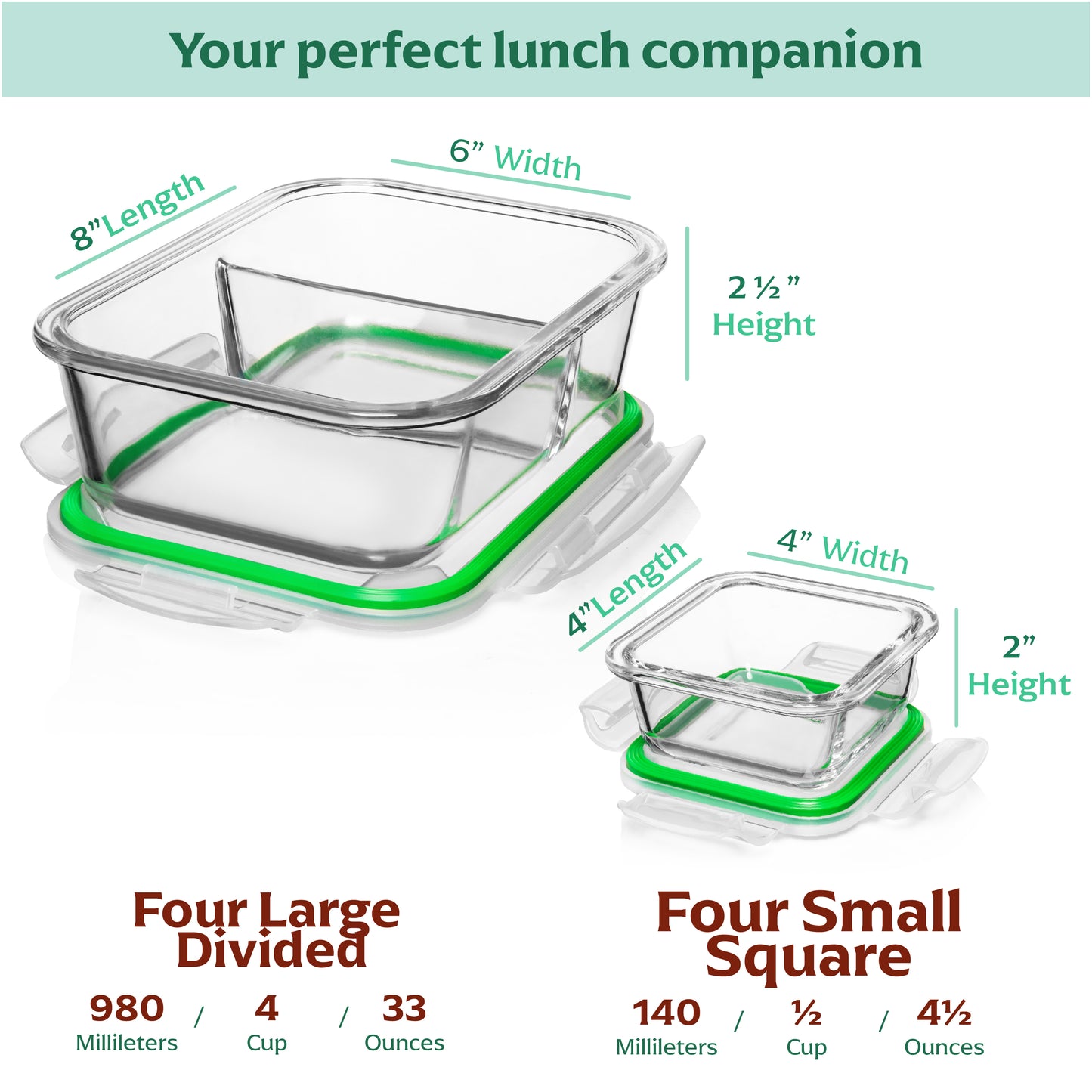 Fusion Gourmet 8-pack 35oz Same Size Glass Food Storage Containers with  Lids - Airtight, Leakproof, Oven, Microwave & Freezer Safe, Stain & Odor