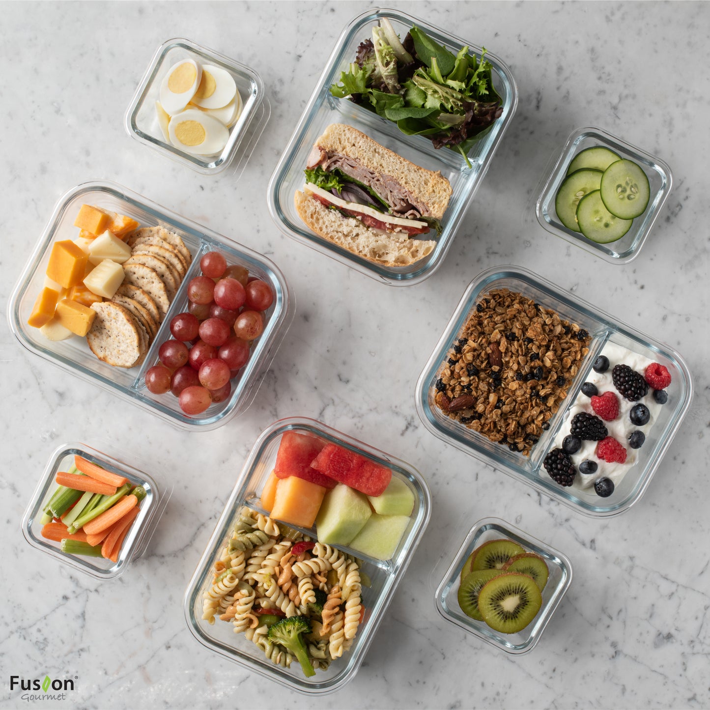 8 pack Bento 2 Compartment Glass Food Storage Containers – Fusion Gourmet