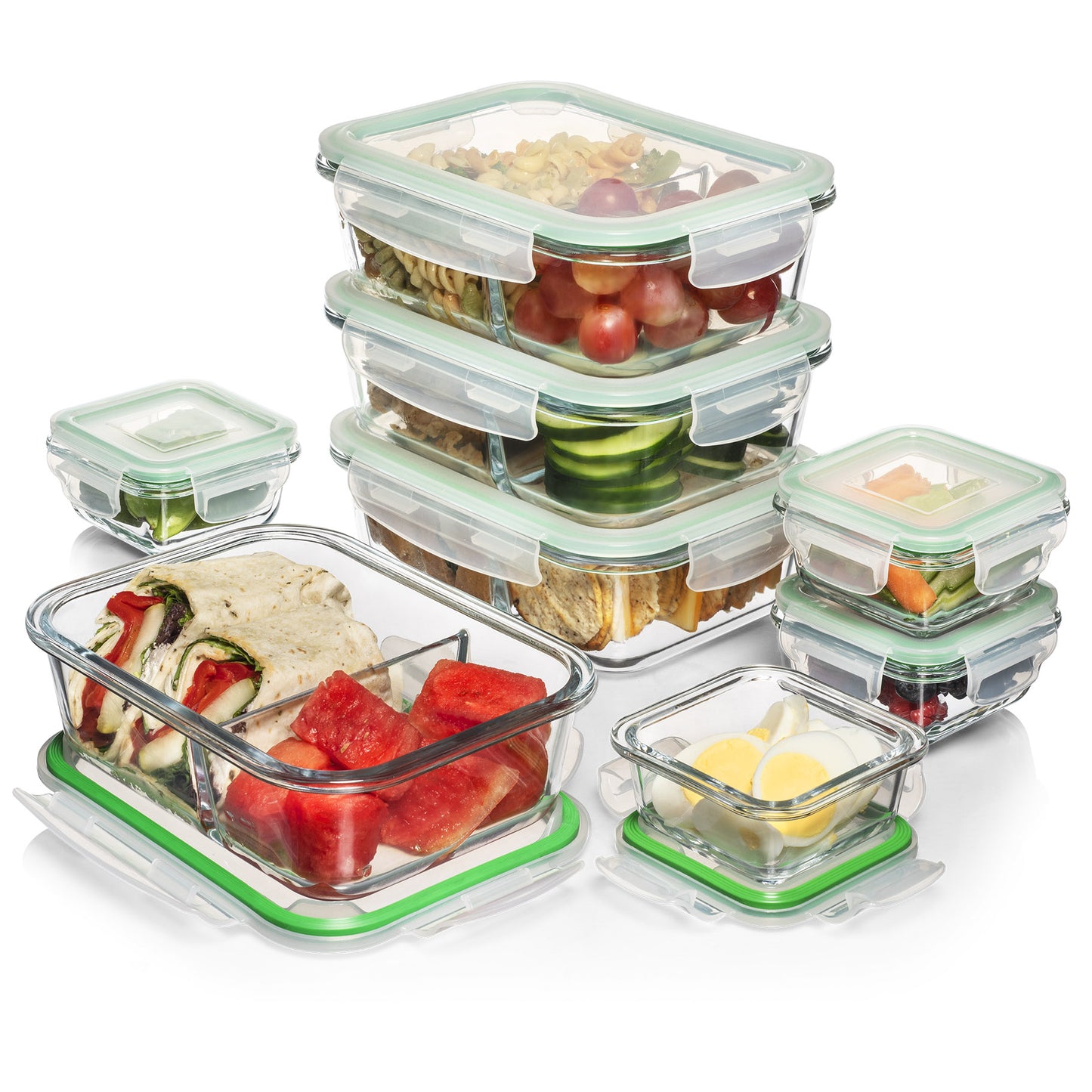 Reusable Glass Meal Prep Container Set, Glass Food Containers with Lids, Lunch Storage with Compartment Dividers, Large Glass Bento Box Set for Meal